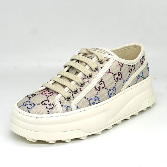 Gucci Treck Crystal GG Logo Canvas Low Top Platform Trainers Sneakers Shoes - Picture 4 of 16